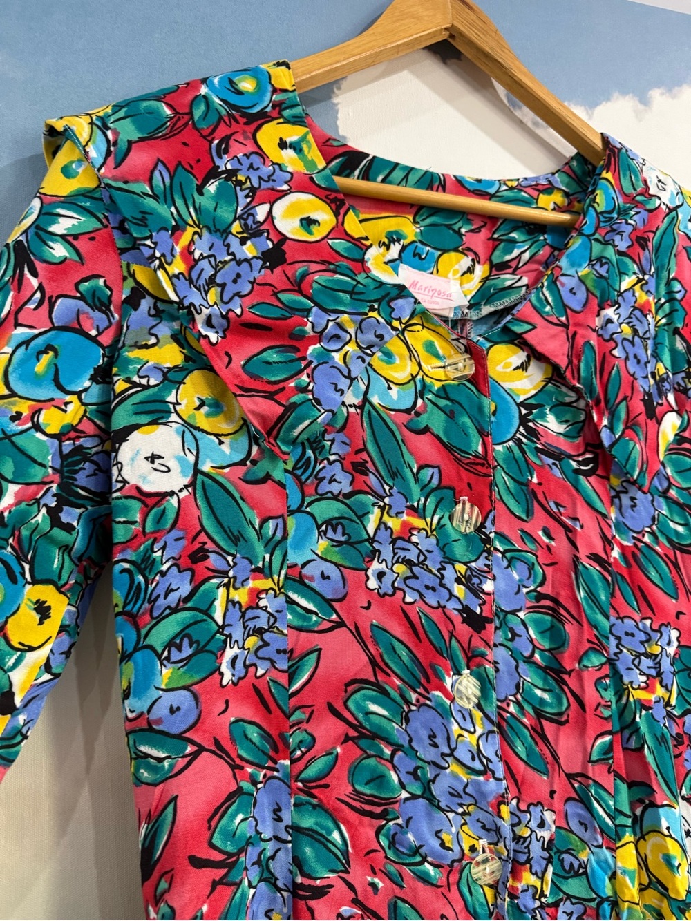 Vintage 80s/90s Mariposa Floral Rayon Mini Dress Square Sailor Collar M/13 - Picture 3 of 11